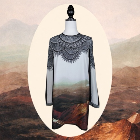 Clover Canyon Dresses & Skirts - Clover Canyon Scenic Landscape & Lace Print Long Sleeve Mini Dress, Size M